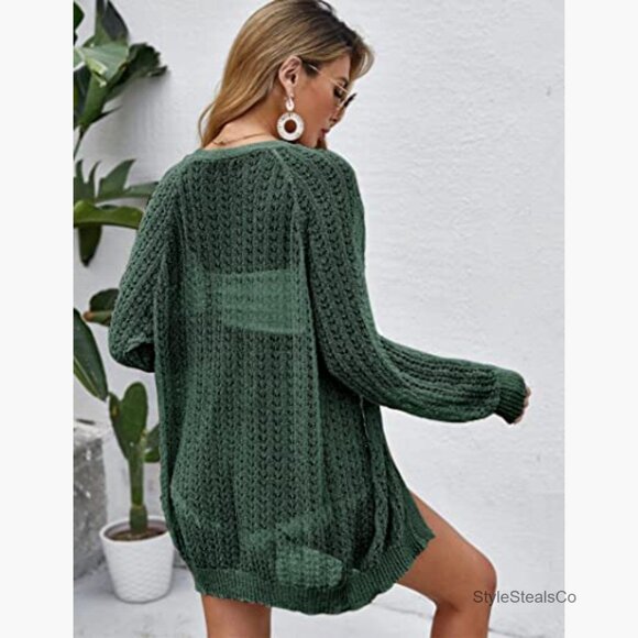 Crochet Open Front Long Sleeve Cardigan Lightweight Summer Cover Up - Picture 3 of 7